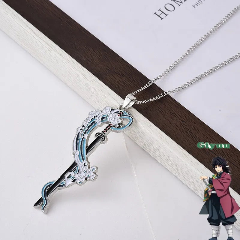 Demon Slayer Giyu Tomioka Pendant Necklace – Water Hashira Blue Nichirin Sword with Water Breathing Style Zinc Alloy Chain (Anime Jewelry for Fans & Collectors)