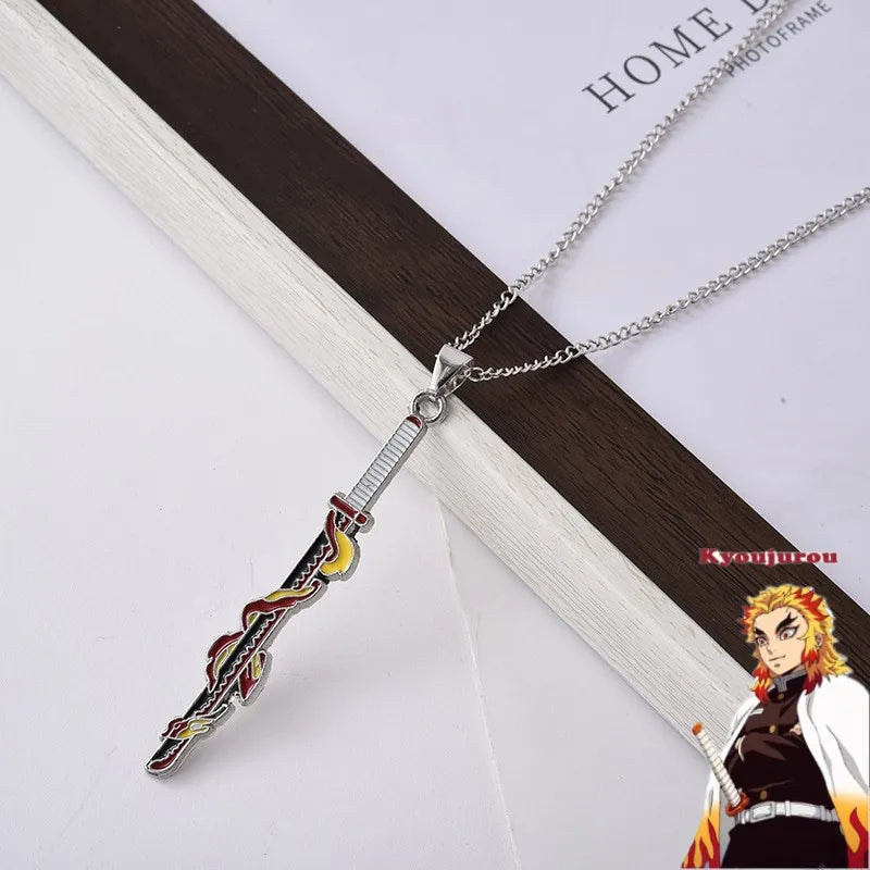 Demon Slayer Rengoku Kyojuro Pendant Necklace – Flame Hashira Red-Orange Nichirin Sword Zinc Alloy Chain (Anime Jewelry for Fans & Collectors)