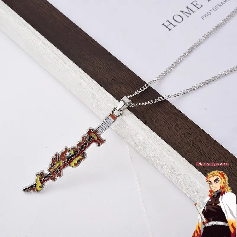 Demon Slayer Rengoku Kyojuro Pendant Necklace – Flame Hashira Sword-Inspired Zinc Alloy Chain (Anime Jewelry for Fans & Collectors)