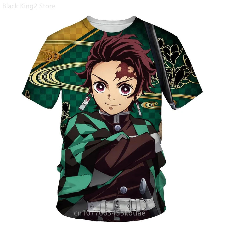 Demon Slayer Anime Men’s T-Shirt – Summer Harajuku Oversized Cartoon Tee (Tanjiro, Zenitsu, Giyu & Urokodaki Design)