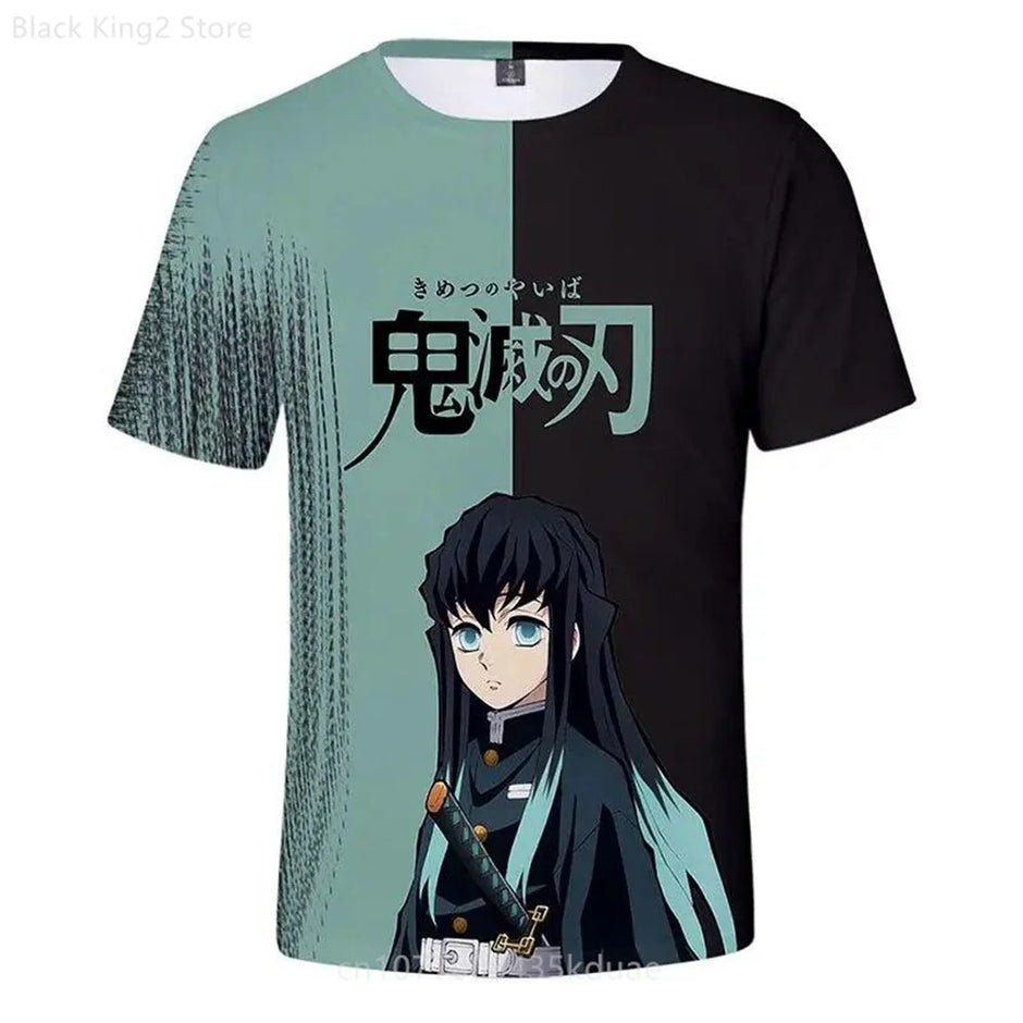 Demon Slayer Anime Men’s T-Shirt – Summer Harajuku Oversized Cartoon Tee (Tanjiro, Zenitsu, Giyu & Urokodaki Design)