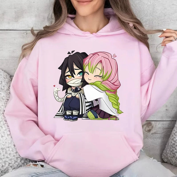 Demon Slayer Mitsuri &amp; Obanai Couple Hoodie – Cute Anime Printed Pullover (Unisex Autumn/Winter Streetwear 2025)