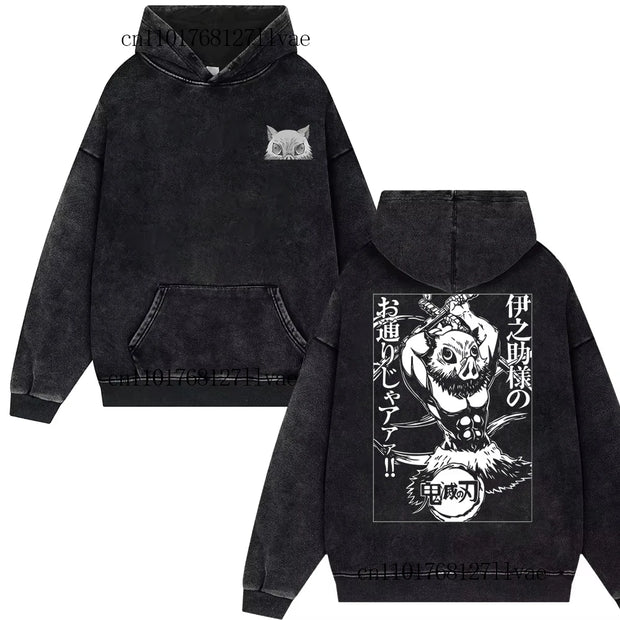 Demon Slayer Vintage Inosuke Hashibira Hoodie – Unisex Washed Oversized Pullover (Y2K Harajuku Streetwear 2025)