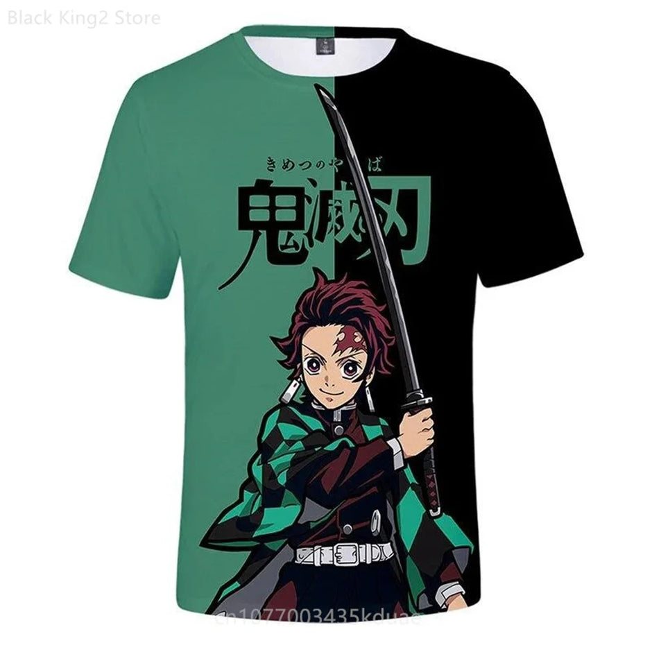 Demon Slayer Anime Men’s T-Shirt – Summer Harajuku Oversized Cartoon Tee (Tanjiro, Zenitsu, Giyu & Urokodaki Design)