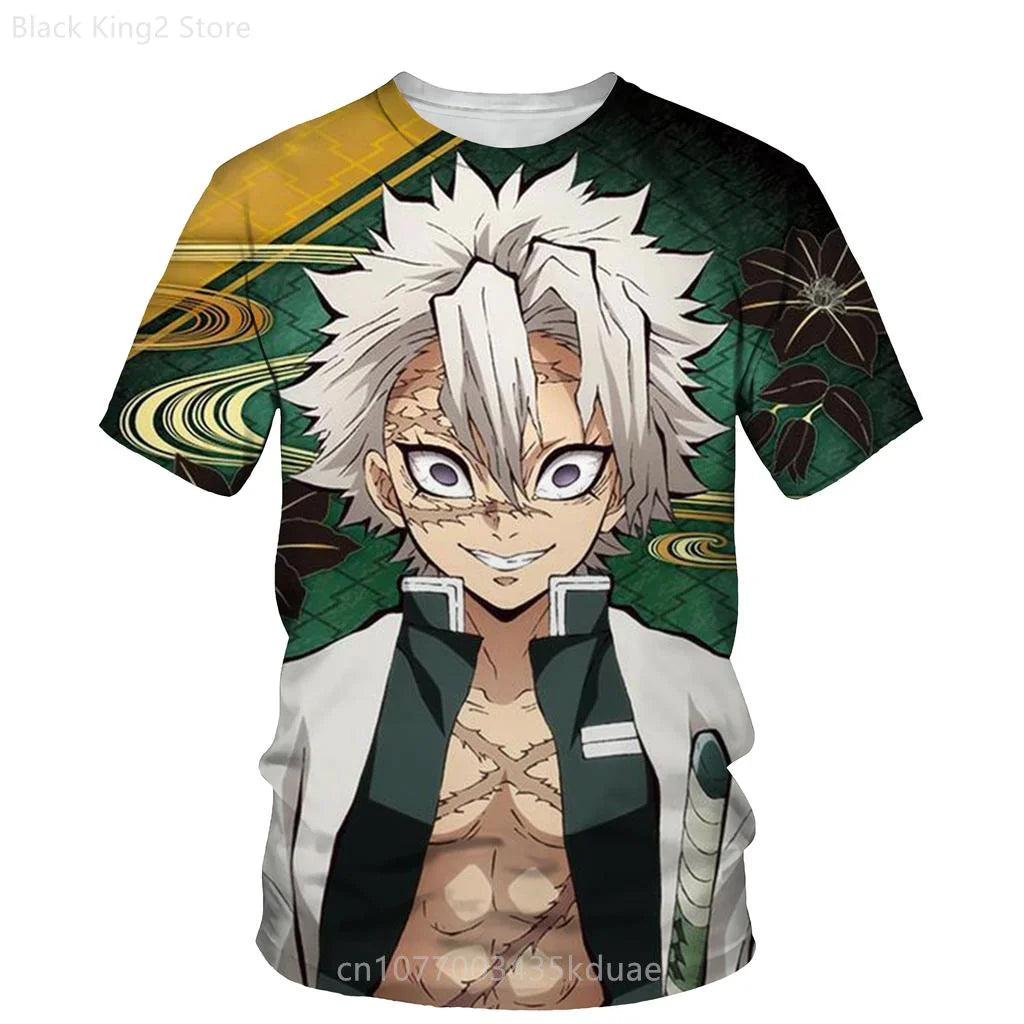 Demon Slayer Anime Men’s T-Shirt – Summer Harajuku Oversized Cartoon Tee (Tanjiro, Zenitsu, Giyu & Urokodaki Design)