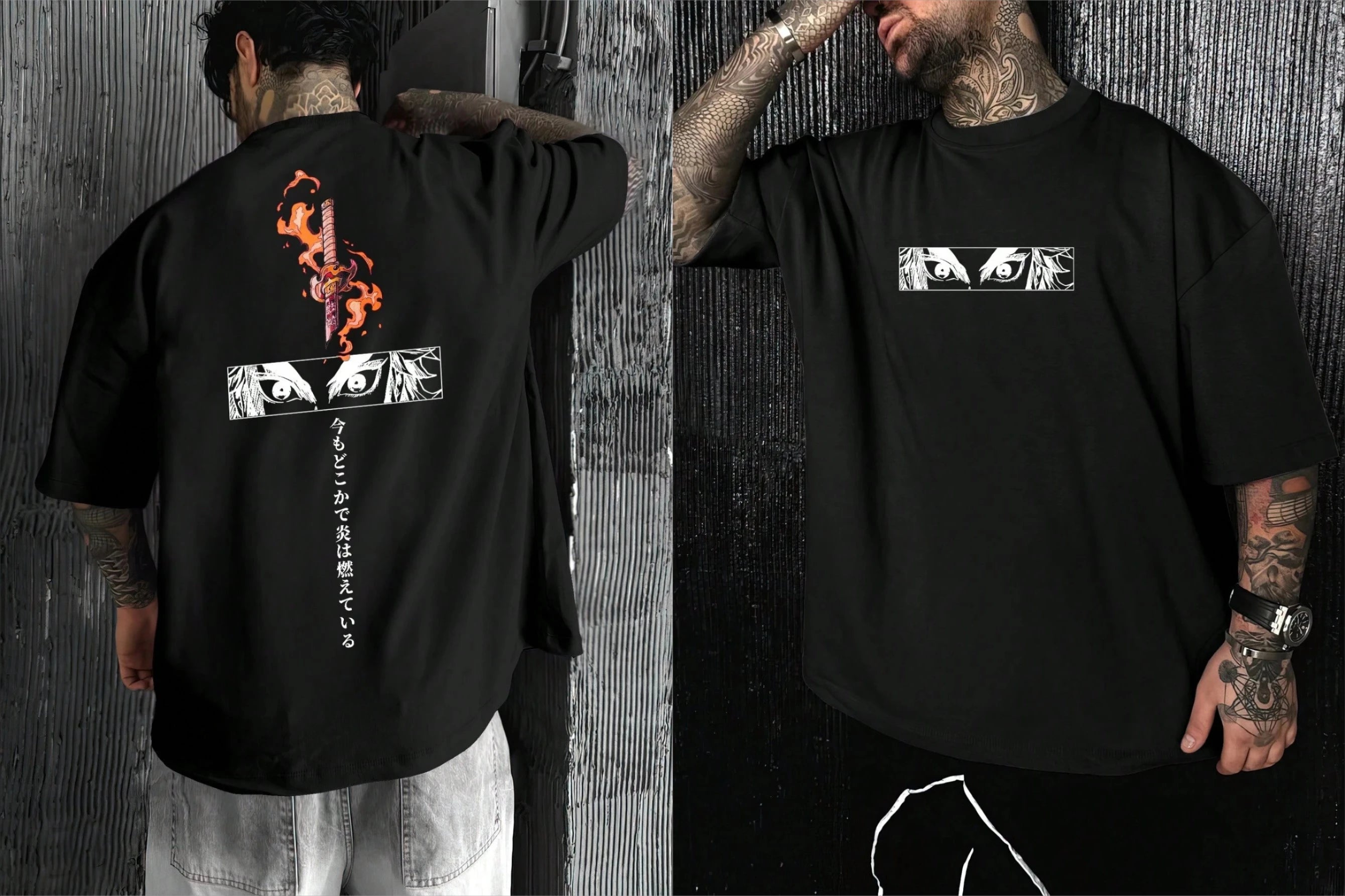 Rengoku Sword T-Shirt – Demon Slayer Flame Hashira (Black/White)