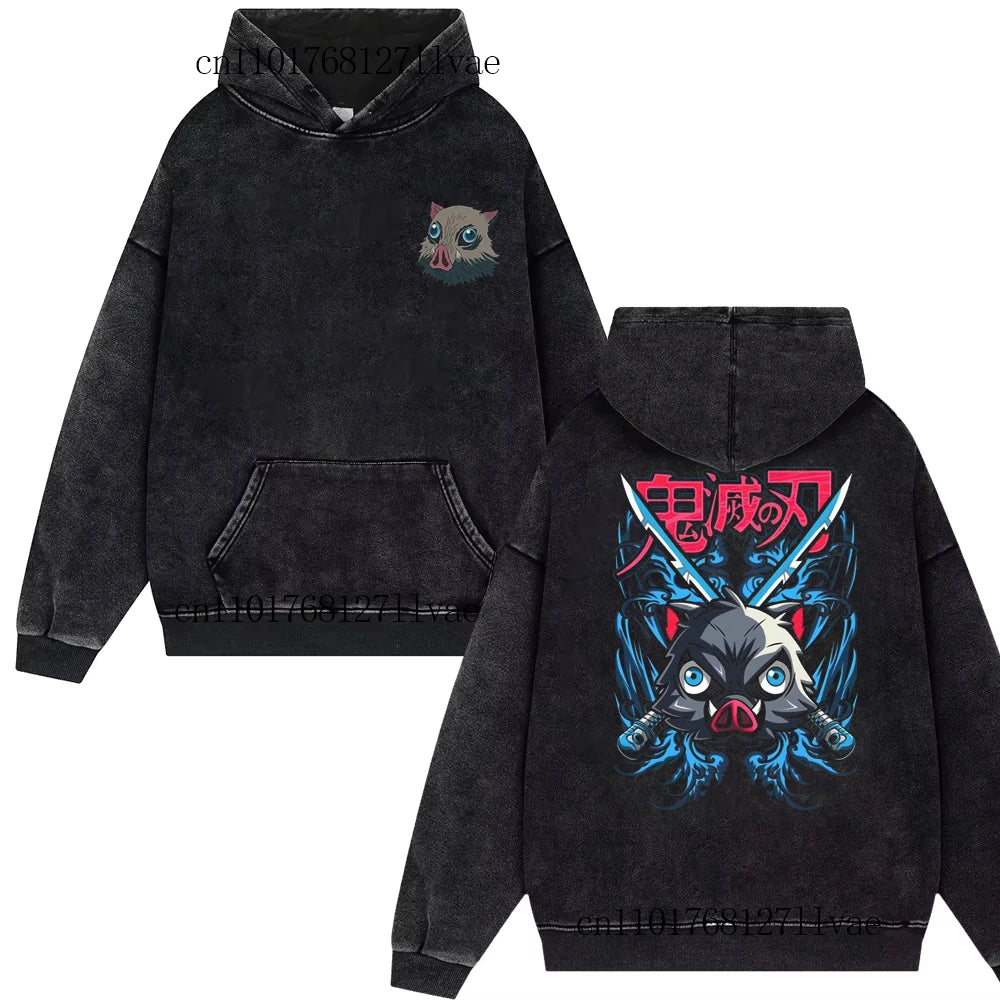 Demon Slayer Vintage Inosuke Hashibira Hoodie – Unisex Washed Oversized Pullover (Y2K Harajuku Streetwear 2025)