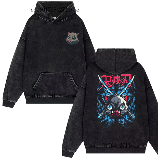Demon Slayer Vintage Inosuke Hashibira Hoodie – Unisex Washed Oversized Pullover (Y2K Harajuku Streetwear 2025)