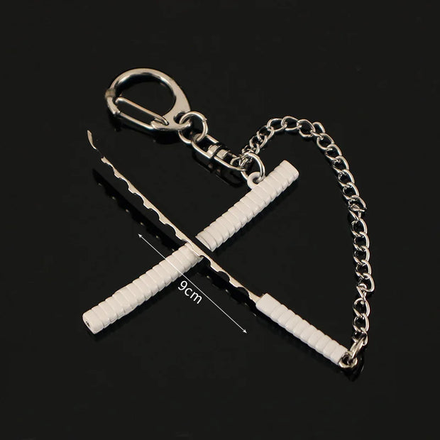 9cm Demon Slayer Hashibira Inosuke Weapon Model Keychain for Men Enamel Mini Katana Metal Key Ring Fans Car Bag Decor Jewelry
