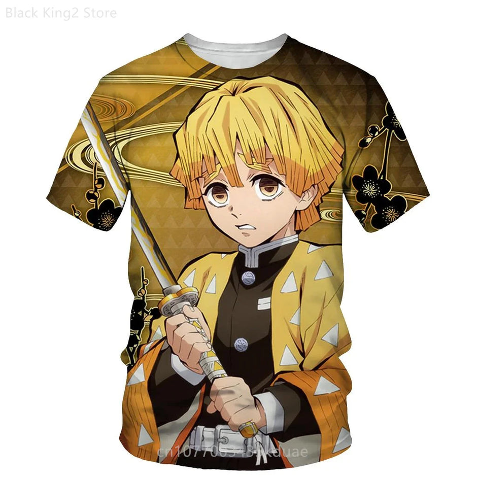 Demon Slayer Anime Men’s T-Shirt – Summer Harajuku Oversized Cartoon Tee (Tanjiro, Zenitsu, Giyu & Urokodaki Design)