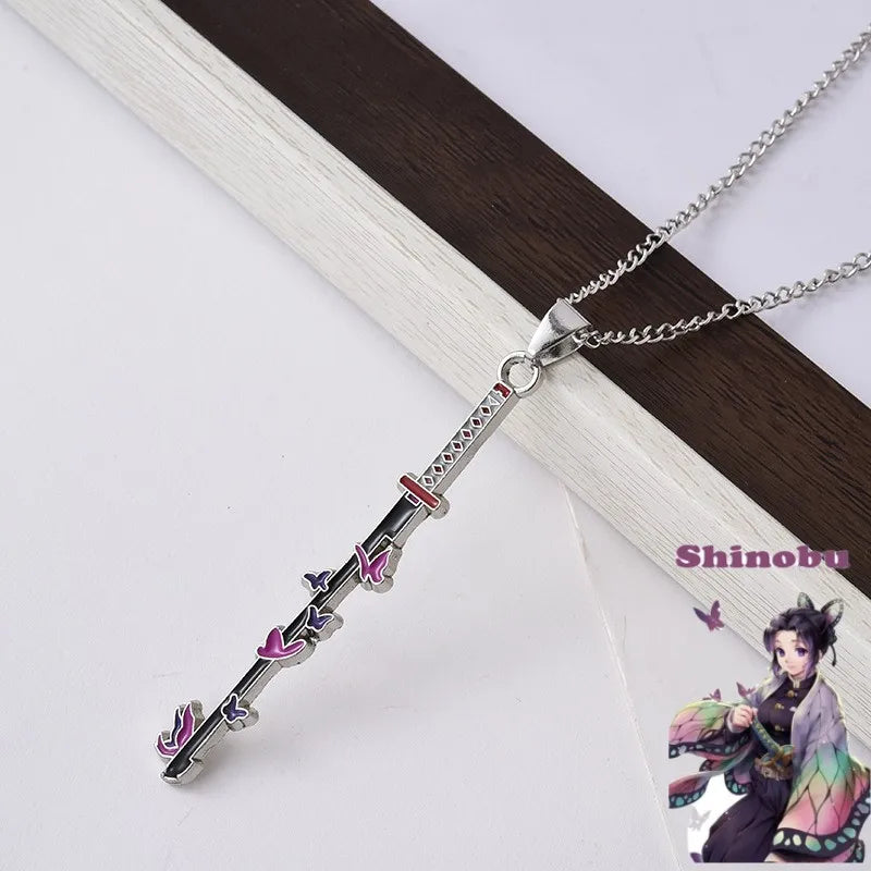 Demon Slayer Shinobu Kocho Pendant Necklace – Insect Hashira Butterfly Stinger Sword Zinc Alloy Chain (Anime Jewelry for Fans & Collectors)